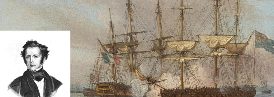Portrait of Captain Marryat in front of a naval battle