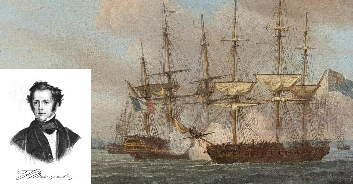 Portrait of Captain Marryat in front of a naval battle
